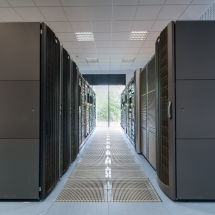 Servers and disk arrays arranged in racks