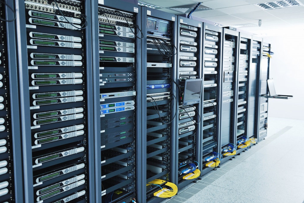 network server room with computers for digital tv ip communications and internet